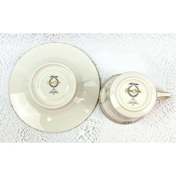 Noritake Satin Gown 6 Flat Cup & Saucer Cream Gold Trim Embossed White Dots - Picture 7 of 12